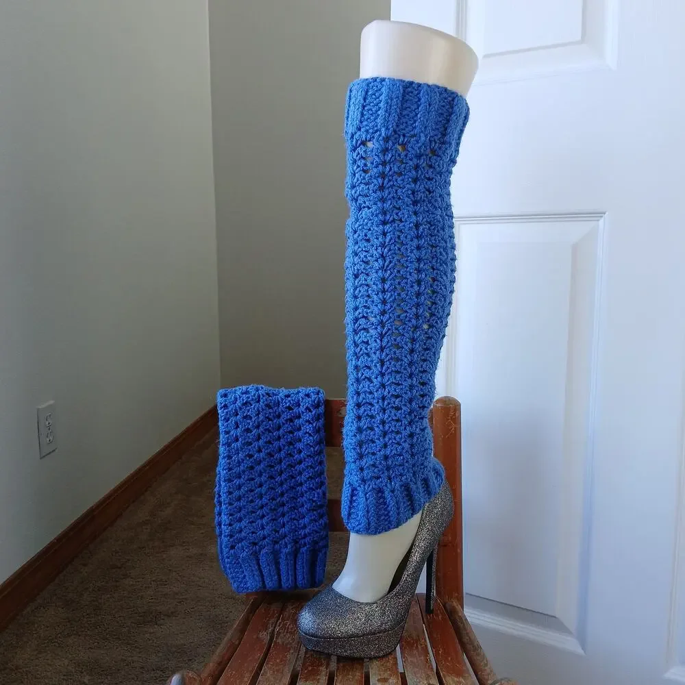 Denim Blue Leg Warmers OSFM crochet warm thick chunky over knee dance premade